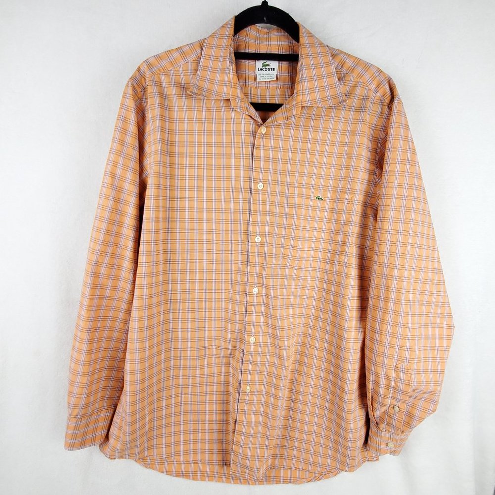 LACOSTE | Long Sleeve Orange White Button Down Shirt Size L